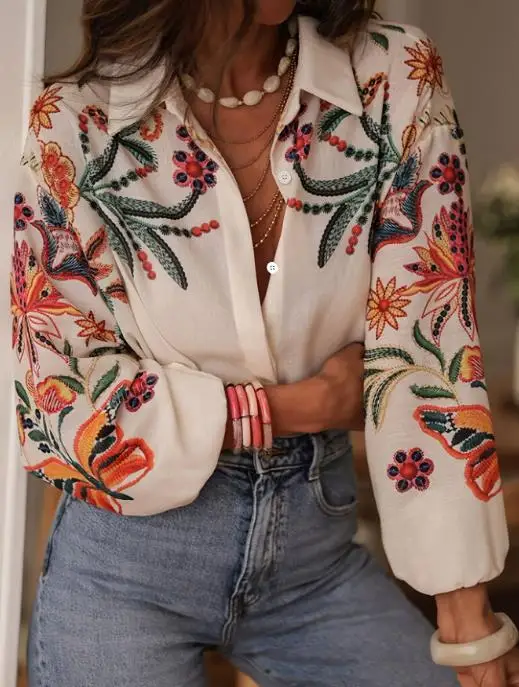 Autumn New Flower Embroidered Decorative Lantern Sleeve Shirt for Ladies, Elegant and Slimming Commuter Long Sleeve Shirt