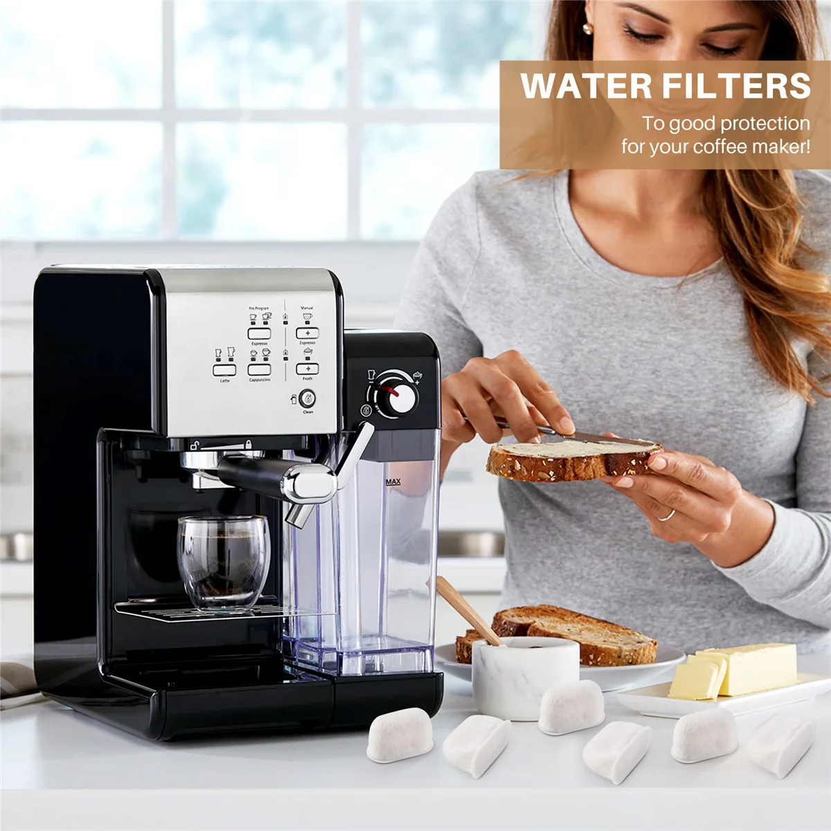 Paquete de 6 filtros de agua compatibles con BWF100, adecuados para elementos de filtros de agua de máquina de café expreso