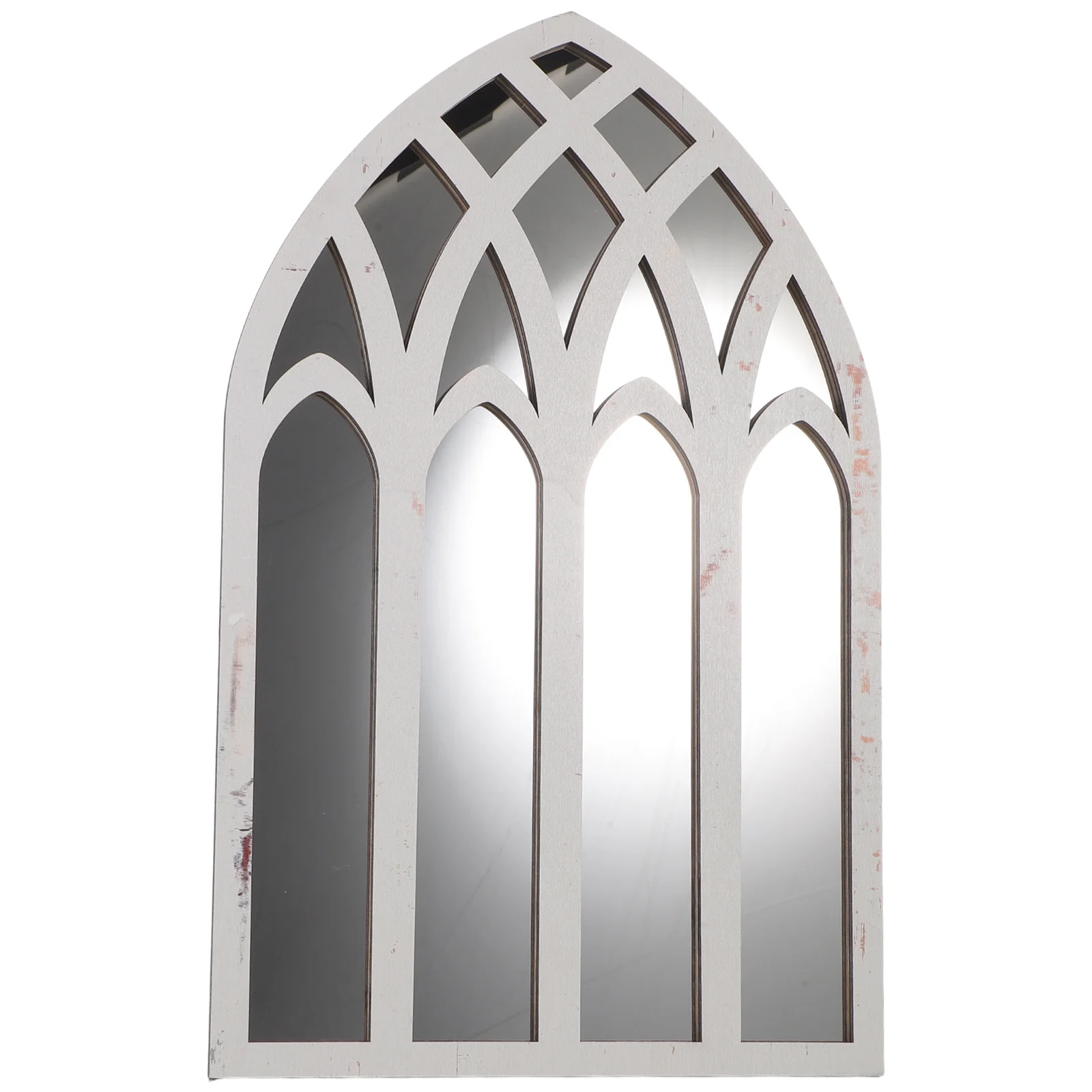 

42x27cm Window Mirror Wall Decor Arched Pane Mirror with Wood Texture Gothic Rustic Fake Window Sticker for Dining Room Study