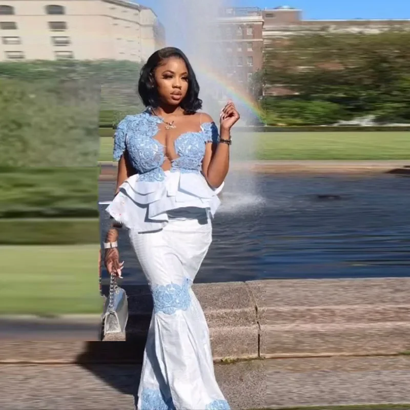 Hemelsblauw Kant Zien Door Zeemeermin Avondjurken Aso Ebi Arabië Peplum Zeemeermin Prom Dresses Cap Mouw Formele Feestjurk Gewaad