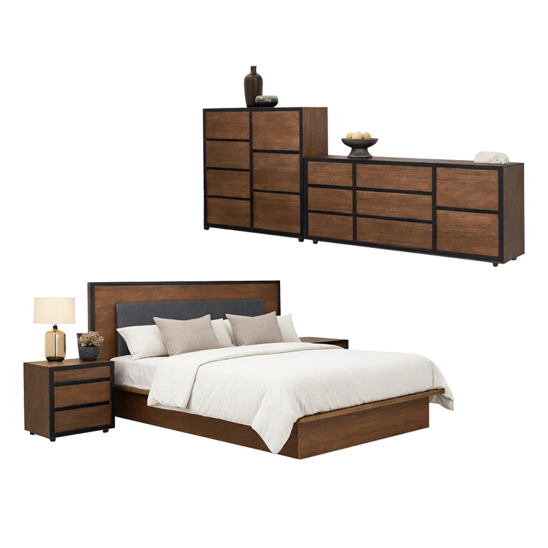 

sg-American Simple Solid Wood Bedroom Sets Adjustable Double Bed Home Storage Wooden Frame king Size Complete Bedroom Furniture&