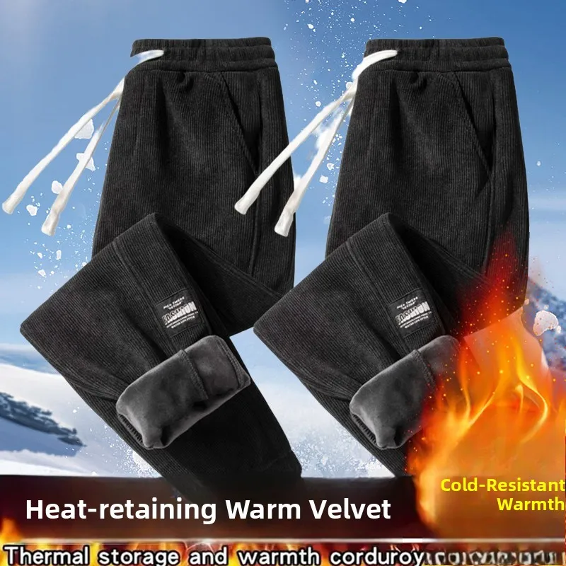 Men's Workwear Pants Corduroy Elastic Waist Construction Site Warm Trousers Autumn Winter Fashion Casual Loose Fit Sweatpants