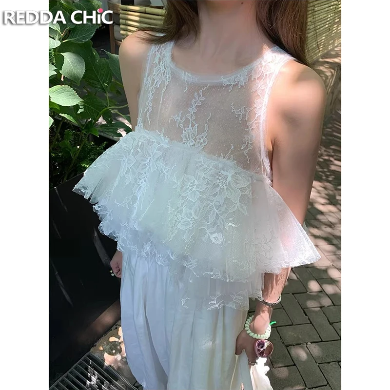 

Летняя женская блузка ReddaChic с кружевом и горошком, белая, с асимметричными оборками, многоярусная, без рукавов, укороченный топ для выхода в свет, в стиле феи