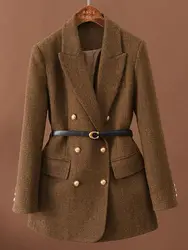 Vé com cinto uma jaqueta de lã vintage para as mulheres outono e inverno 2024 novo popular sazonal temperamento verde topo feminino blazer