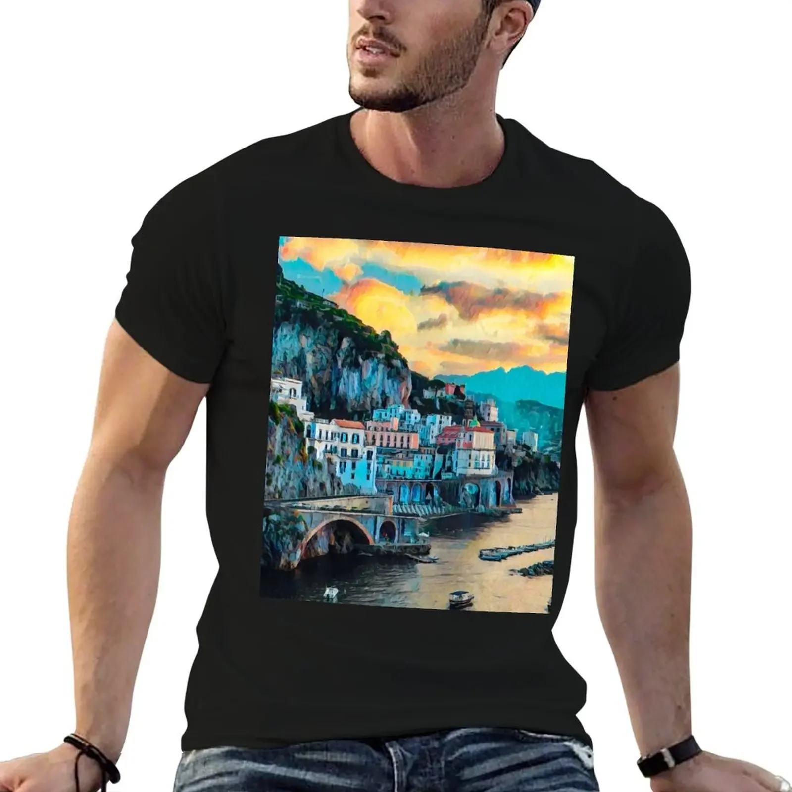 

Coastal, Beach Art, Blue Water, Sea, Ocean, Cliffs, Italy T-Shirt oversizeds customs vintage t shirts mens workout shirts