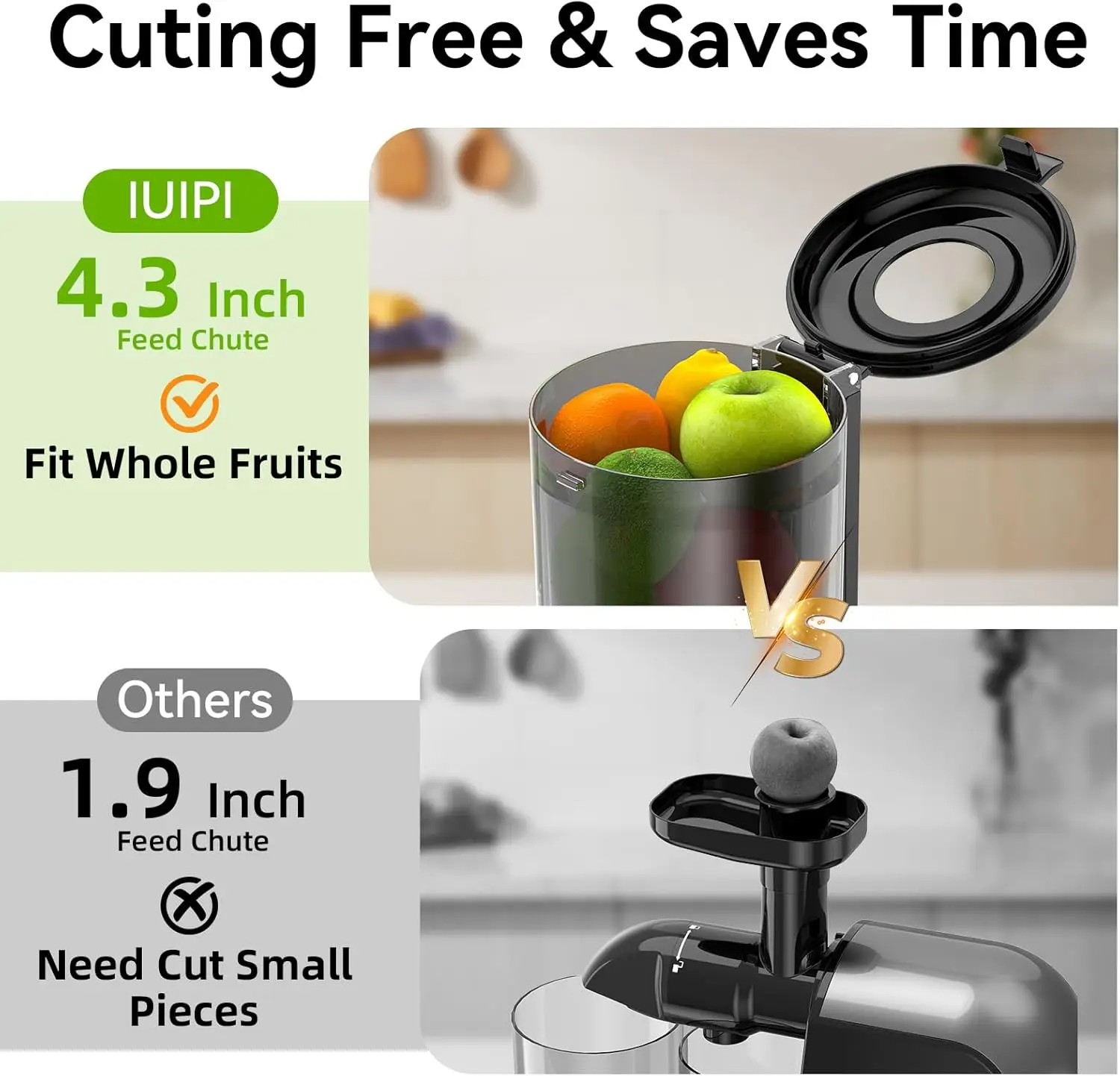 Fit Whole Fruit and Vegetable Slow Masticating Juicer Machines, 4.3'' Large Feed Chute, 250W Juice Extractor Machine, High Juice