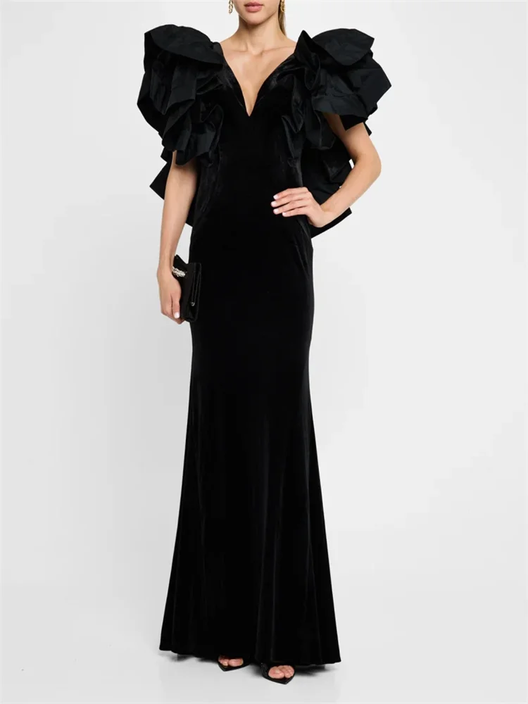 

Customized Deep V Neckline Short Voluminous Sleeves Column Satin Evening Dress Elegant Back Zipper Floor Length Gown For Women