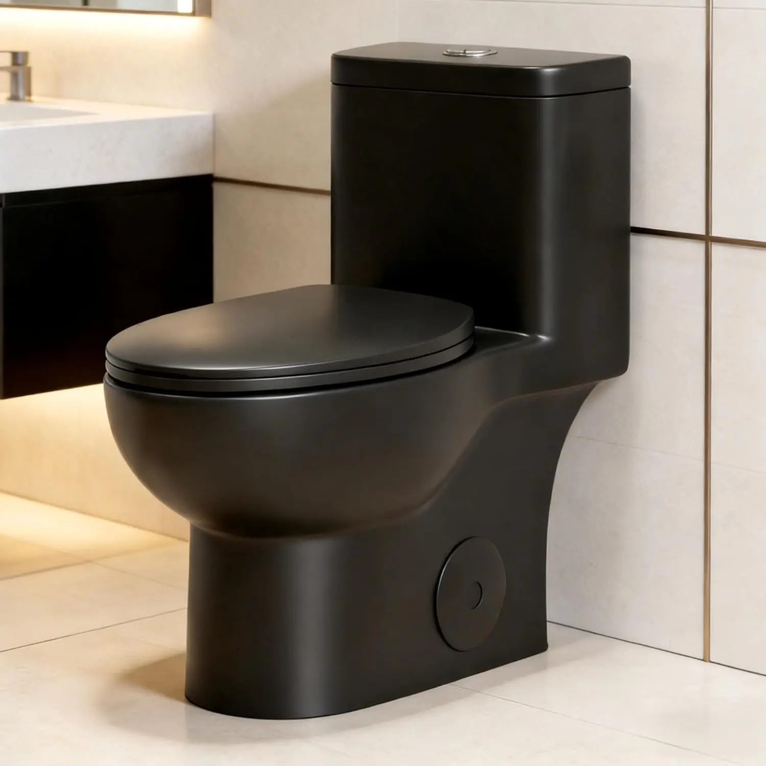 

Черный керамический унитаз, 1.1/1.6 GPF, с функцией Tornado Flush, моноблочный, сифонный S-образный сифон 12 дюймов, безободковая чаша с сиденьем с плавным закрыванием для ванной комнаты