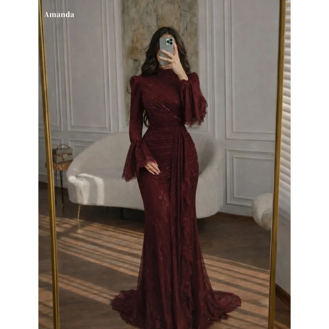

Amanda Customized Formal Evening Prom Dress vestidos de noche Burgundy High Neck Long Flare Sleeve Lace Mermaid Gown Train 2026