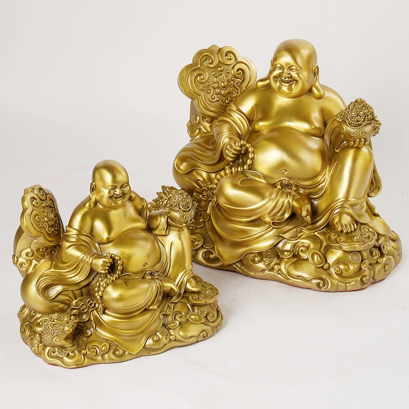 Brass Ruyi Laughing Buddha Ornament, Big-Bellied Maitreya Buddha, Gift for Store Opening, Laughing Buddha with Cloth Bag, Treasu