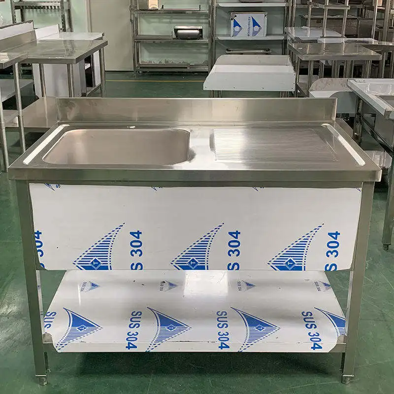 High Quality Stainless Steel Single Bowl Kitchen Sink with Drainboard Commercial 304/201 Undershelf Workstation for Restaurant