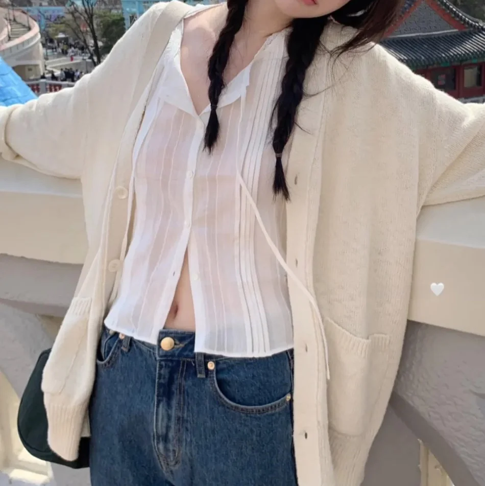 

Loose Knitted Cardigan Coat Long Sve Mid-Length Spring Summer 2025 TheBarnet Eight Milk Commute Sle Pure Color