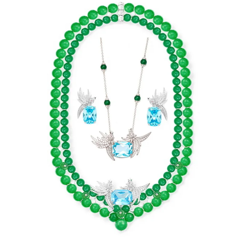 Designer Collection Style Women Lady Jewelry Sets Inlay Cubic Zircon Aquamarine Fly Bird Pendant Earrings Green Beads Necklace