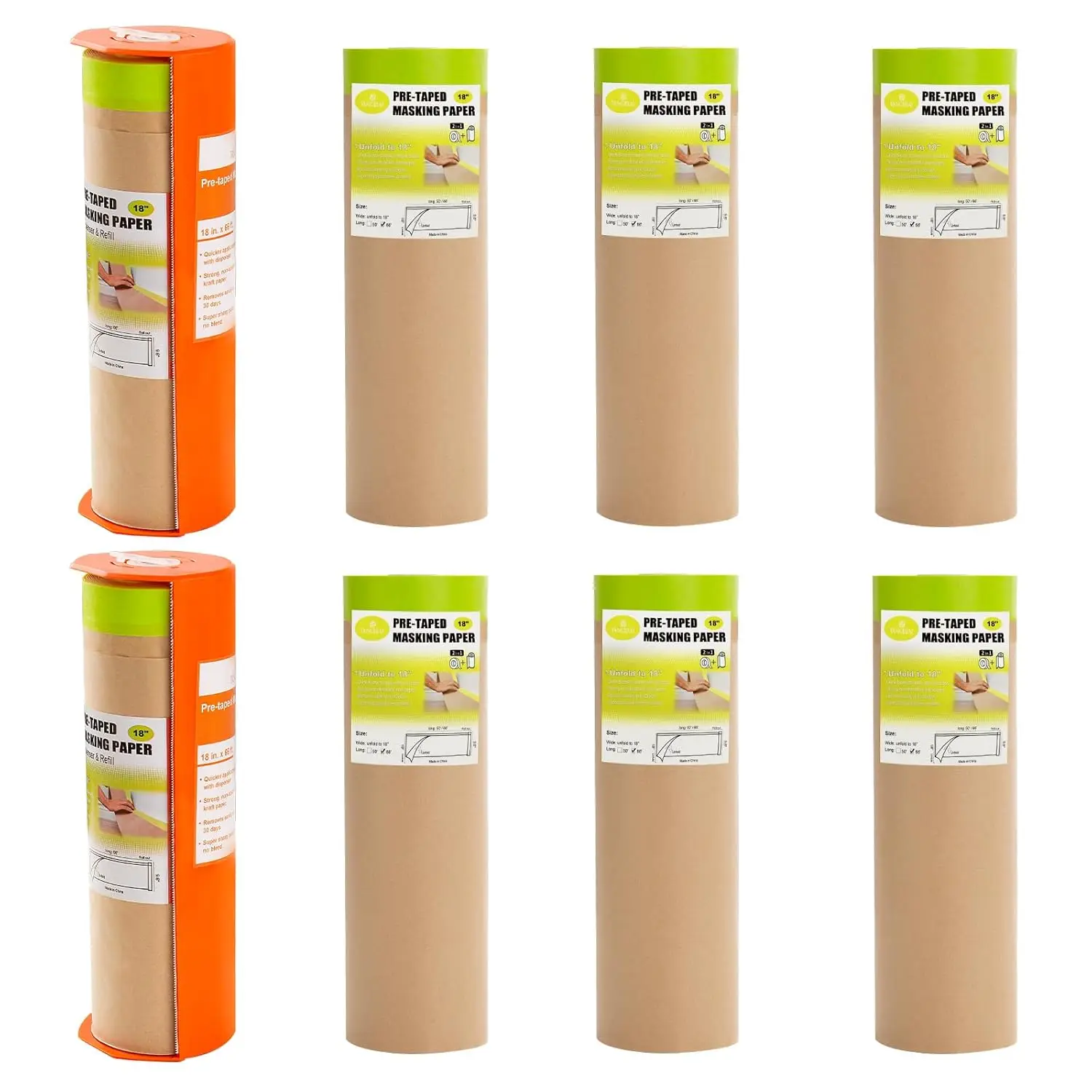 

Pre-Taped Masking Paper with Dispenser - 18" x 66' Painters Paper and Tape for Painting House, Auto Body, Cars (2 Dispen