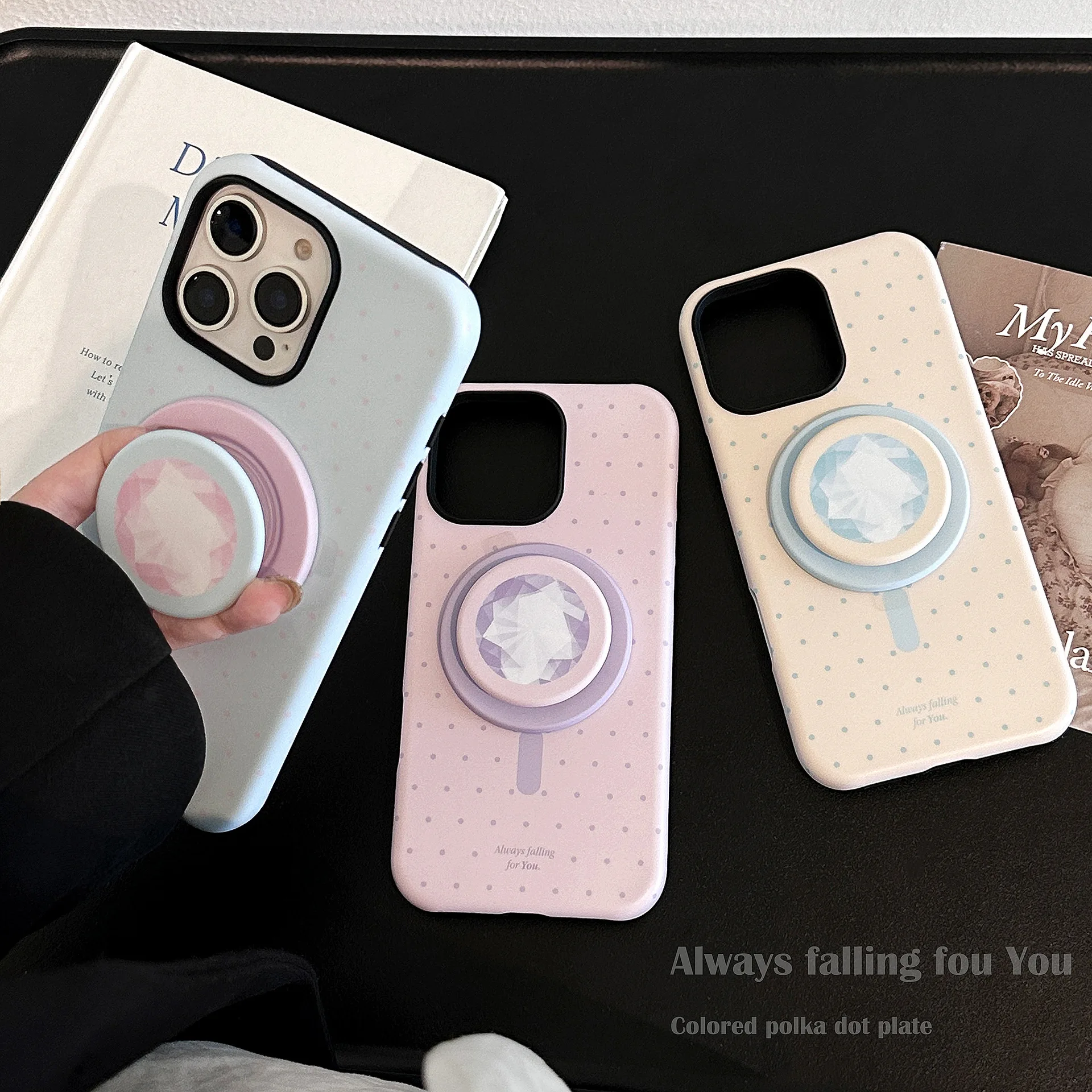 Korean Polka Dots With Bracket Magnetic Phone Case for iPhone 17 Air 16 15 14 Plus 13 12 Mini 11 Pro Max Shockproof Hard Cover view 4