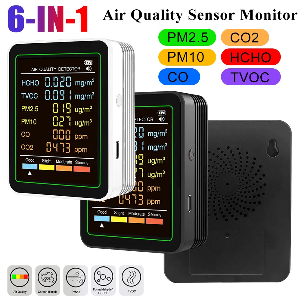 ZN-MT07CO مراقبة جودة الهواء 6 في 1 PM2.5 PM10 CO CO2 HCHO TVOC مستشعر عرض تلقائي كاشف هواء منزلي متعدد الوظائف