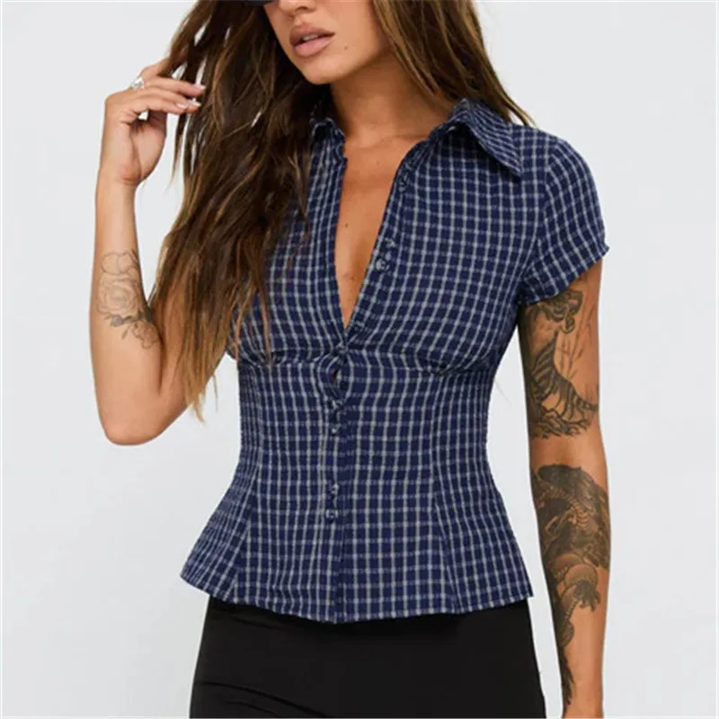 Vrouwen Y2k Esthetische Button-up Shirt Jaren '90 Vintage Cottage Korte Mouw Revers Slim Fit Blouse Fairy Grunge Crop Tops zomer
