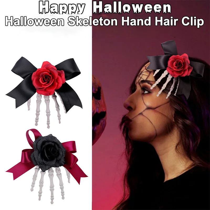 Halloween Skeleton Hand Skeleton Hair Clip Ghost Festival Horror Rose Bow Ghost Hand Side Clip Hair Accessories Party Hair Cards