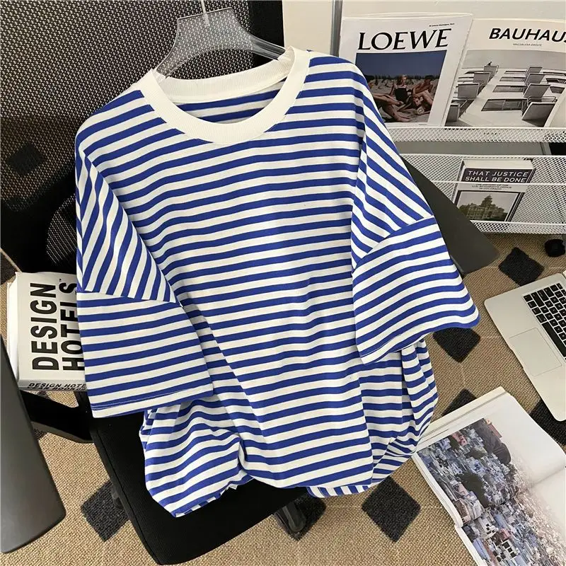 Summer New Korean Striped Contrast Shorts Set Short Sleeve Loose All-match Fashion T Shirt Tops Vintage Casual Women Clothing