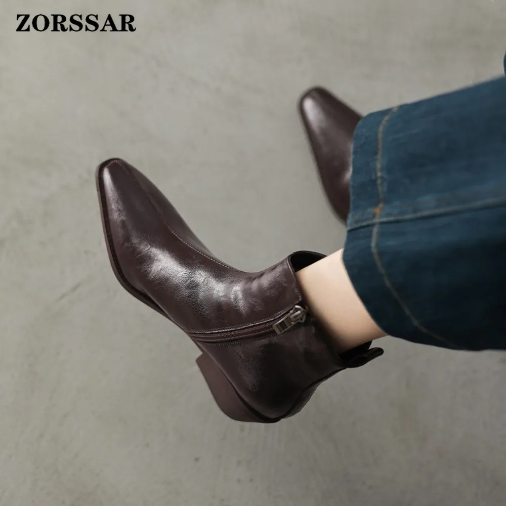 Zorssar Plus Size 34-42 Cow Leather Pointed Toe High Heels Retro Western Boots Zipper Warm Winter Shoes Concise Ankle Boots