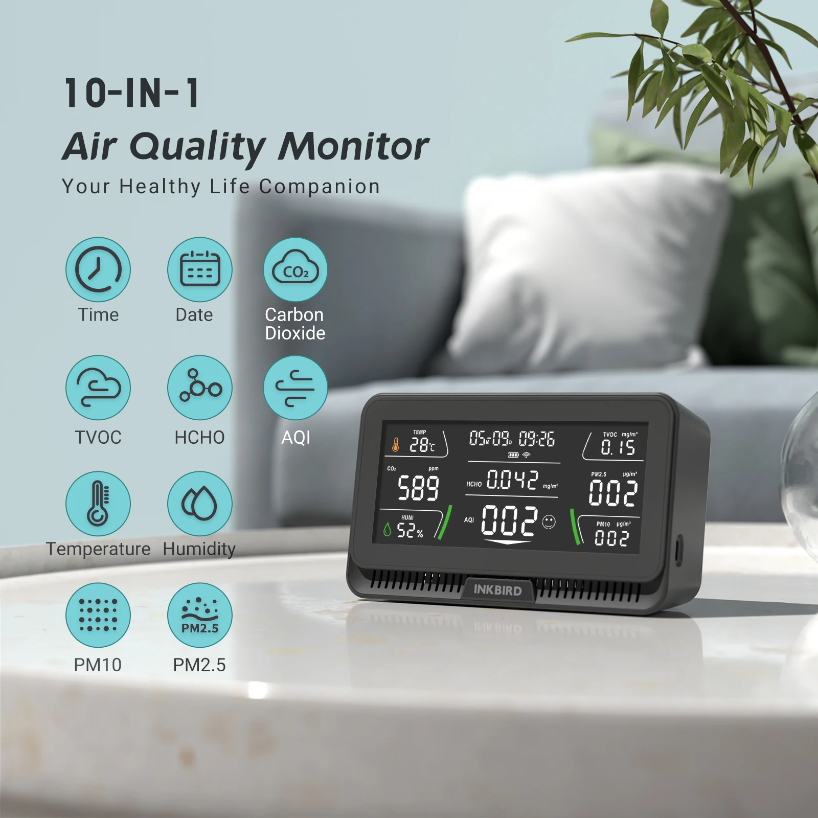 10-In-1 INKBIRD Wifi Air Quality Monitor with 6.1inch Large Color Screen for CO2 TVOC HCHO AQI PM2.5 PM10 Temperature Humidity