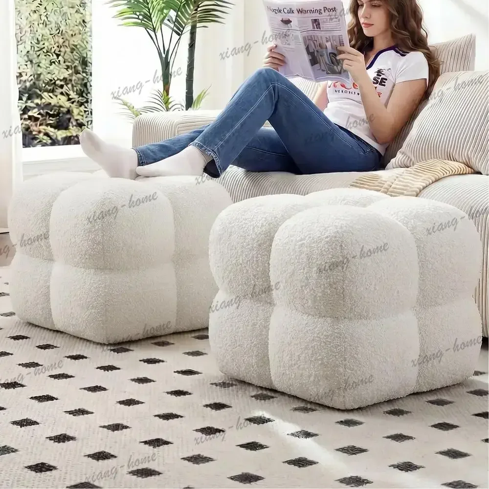 lsSquare Pouf Ottomans Set of 2, Modern Backless Vanity Stool for Bedroom, White Fuzzy Foot Rest for Couch, Upholstered Tufted F
