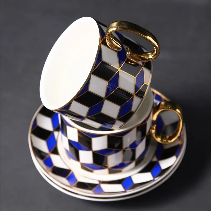 

# 2023 Light Deluxe Mug Set Gift Box Blue Geometric Ceramic Coffee Pot And Cup Set #