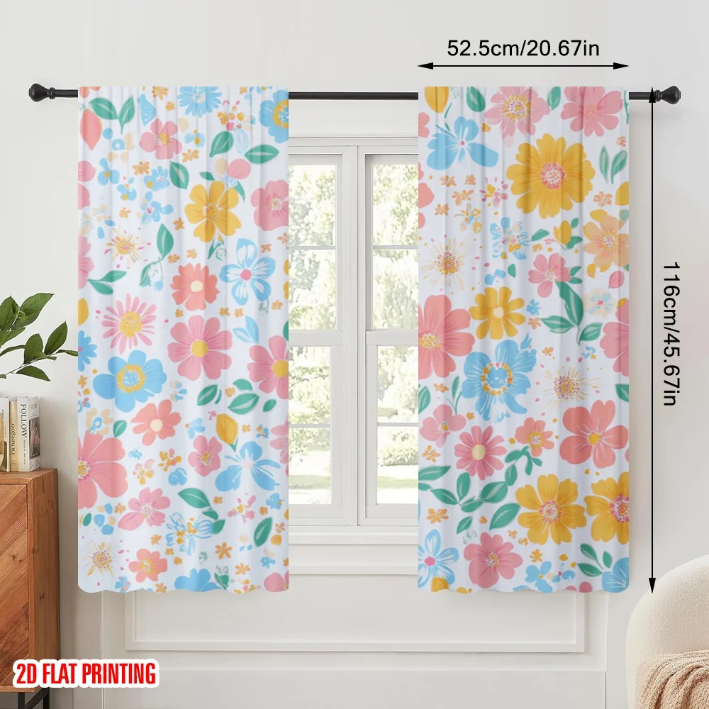 2pcs,2D plane printing Window Curtain Floral Wonderland Polyester Fabric (without rod) Versatile All for Living Room, Bedroom,