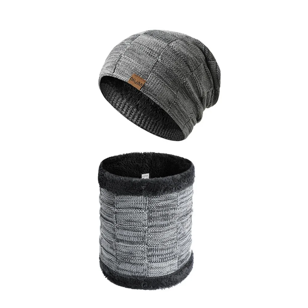 Fashion Acrylic Fibres Men Scarf and Hat Set Elastic Thickened Woolen Hat Plaid Solid Color Pullover Cap Autumn