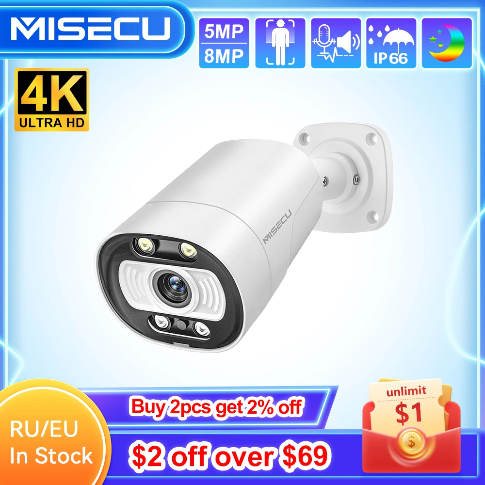 Imagem -01 - Misecu H.265 4k ai Poe Câmera 5mp 8mp Comunicação Bidirecional Humano Detectar Câmera ao ar Livre para Sistema de Vigilância Cctv misecu h265 4k ai poe camera 5mp 8mp comunicacao bidirecional humano detectar camera ao ar livre para sistema de vigilancia cctv 01