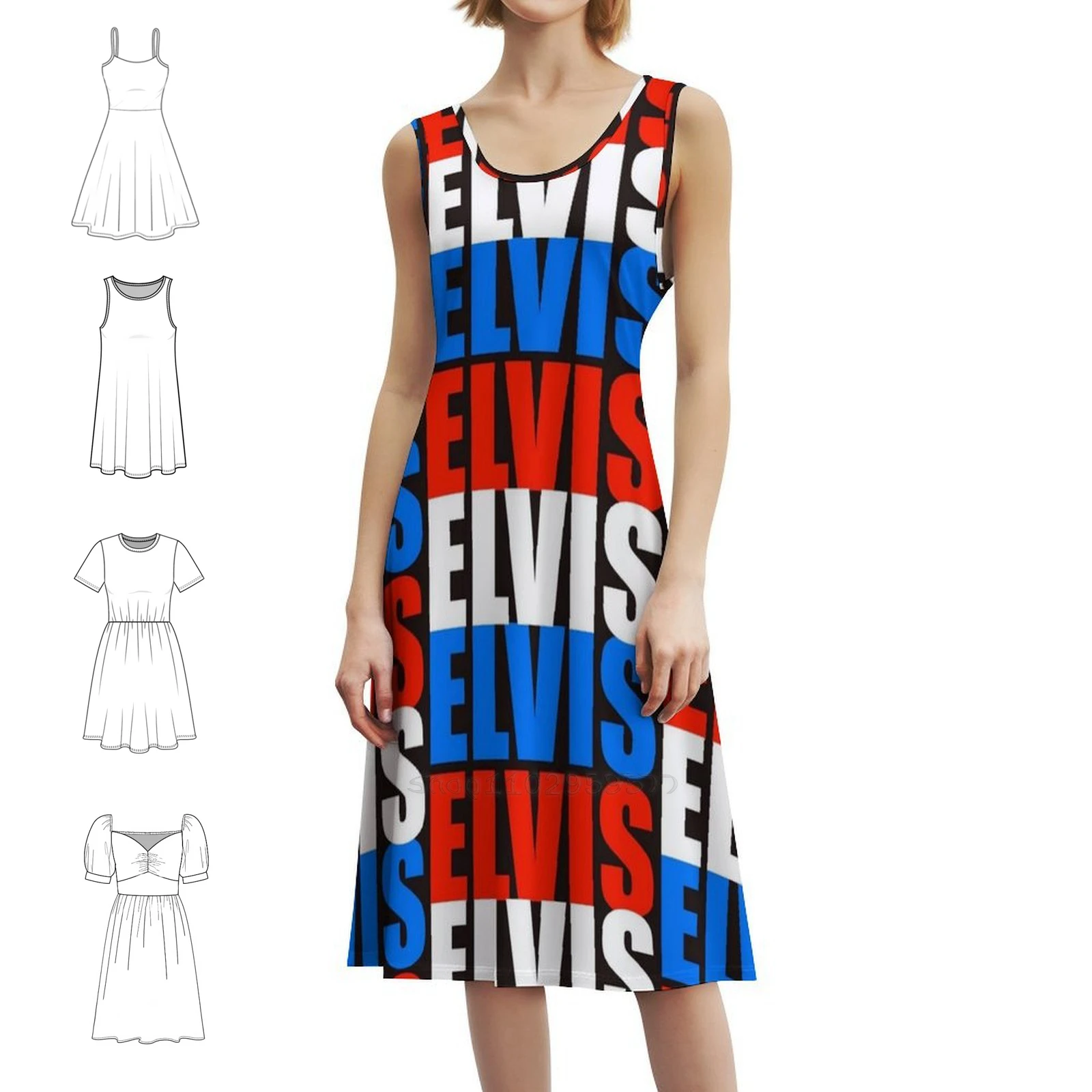 

Элвис Элвис Элвис Повседневное платье в корейском стиле для женщин Простые повседневные офисные женские платья Музыка Легенда звезды в полоску Красный Белый