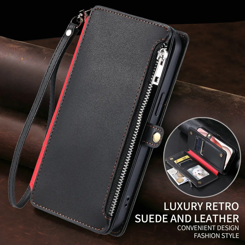 8-Card Zipper Leather Case for OPPO Reno 15 FS 14 Pro 13 12 FS 5G 4G Luxury Cover Reno13 14F 14FS 10 15F 12F 15FS 12FS Flip Capa