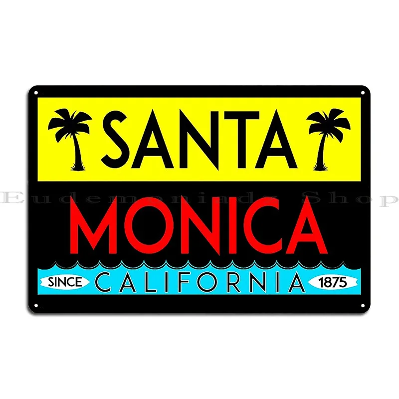 Surfing Santa Monica California Surf Beach Vacation Palm Tree Vintage Metal Signs Print Wall Cave Wall Plaque Tin Sign Poster