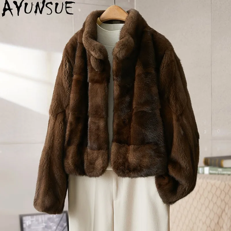 

AYUNSUE Natural Mink Fur Coat Woman Stand-up Collar Full Mink Fur Jacke 2025 New Winter Fur Coat Woman Clothes Fourrures Femmes