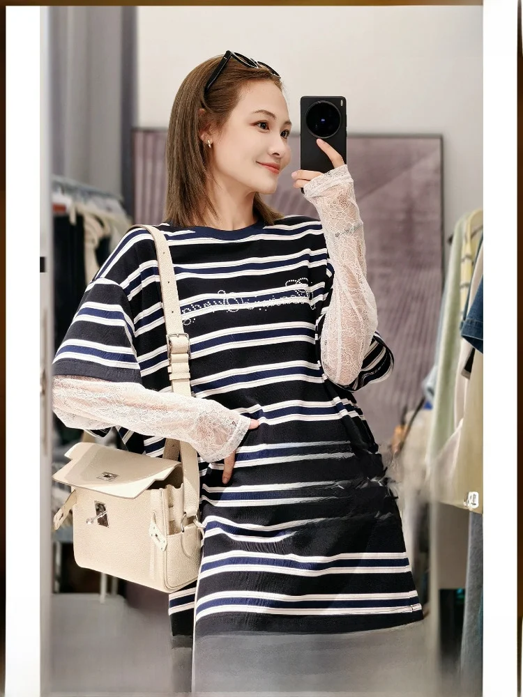 

Blue Stripe Shirt round Neck Diamond Padded Long Sleeve Casual Style Women's T-shirt Color Block Design Cotton Blend Spring Wear