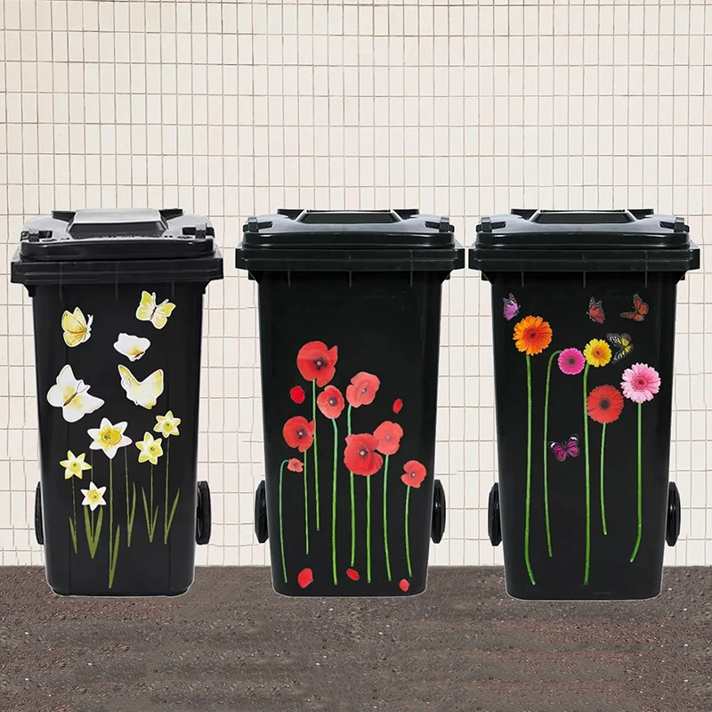 Flower Trash Can Stickers Daisy Lily Wheel Garbage Can Sticker Self-Adhesive PVC Decals Waterproof Decorative Sticker Wall Decor