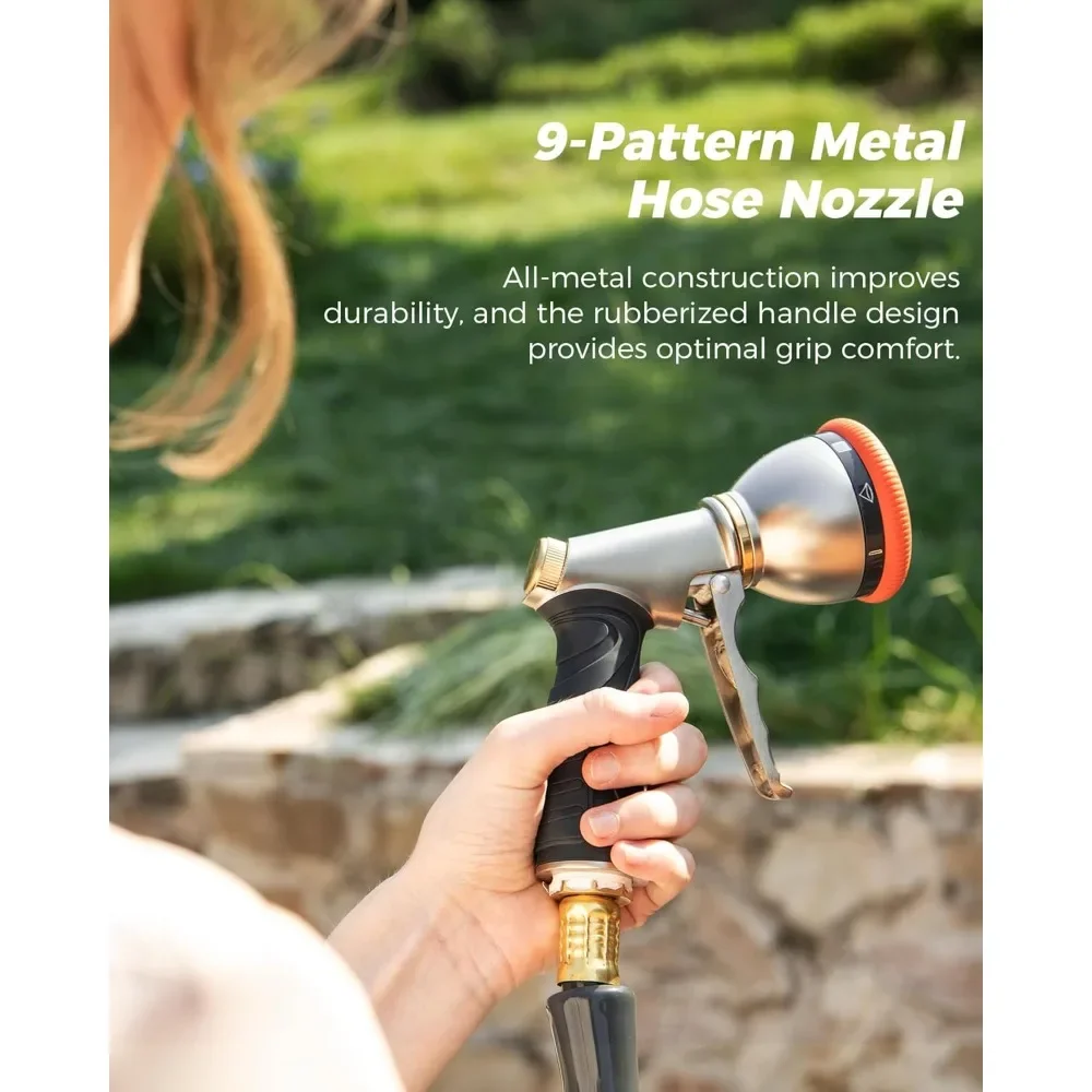

Retractable Garden Hose Reel 5/8 in x 75 ft Professional Metal Bracket & 9-Pattern Metal Nozzle UV Resistant Brass Fitting Heavy