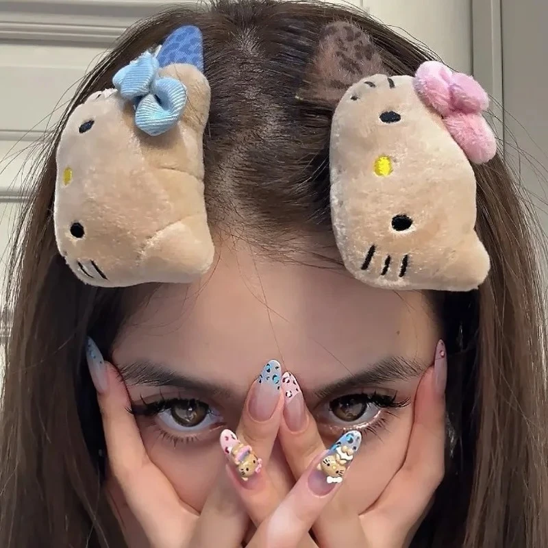 

Новая плюшевая заколка для волос Sanrio Hello Kitty, милый мультяшный зажим для челки с леопардовым принтом, изысканный аксессуар для волос, подарок