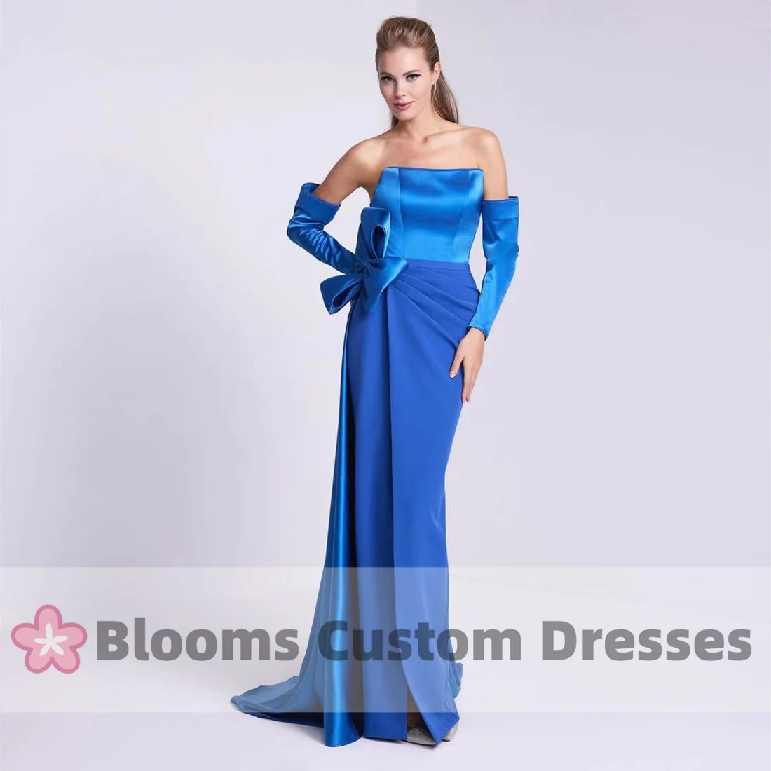 

Blooms Strapless Crepe Bow Blue Evening Dresses 2024 Side Train Prom Dress With Oversleeves Wedding Guest Formal Occasion Gown