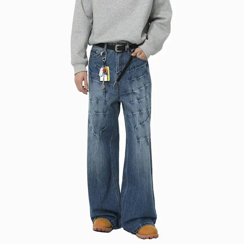 Niche Design Men's Jeans Washing Contrast Color Mill White All-match Trousers  Lightning Pattern Male Denim Pants 9BDCN