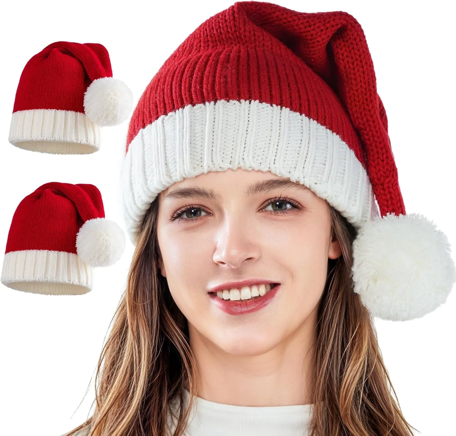 Weihnachtsaccessoires Weihnachtsmütze mit Pompons, rote gestrickte Weihnachtsmütze für Damen, Herren, Kinderparty-Verkleidung, Familien-Weihnachten