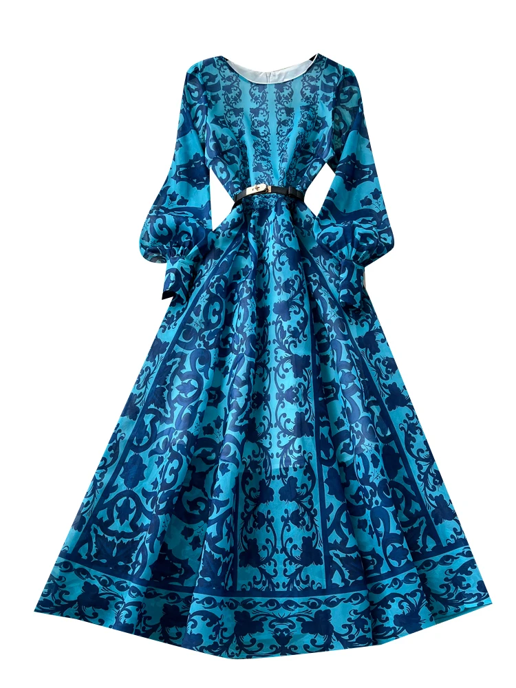 เดรสยาวพิมพ์ลาย Ele Print สำหรับผู้หญิง แฟชั่นฤดูใบไม้ร่วง ทรงเอวเข้ารูป แขนทรงกระบอก ผ้าโพลีเอสเตอร์ เอวสูง สไตล์ฝรั่งเศส
