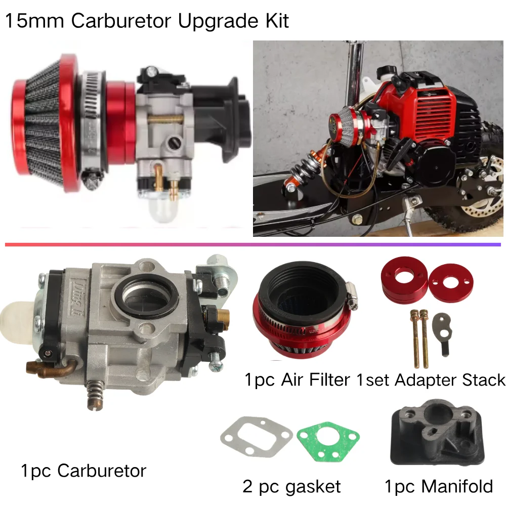 15mm Carburetor +44mm Air Filter + Alloy Stack Kit For 2 Stroke 33cc 43cc 49cc Engine Parts Gas Scooter Goped EVO Replacement
