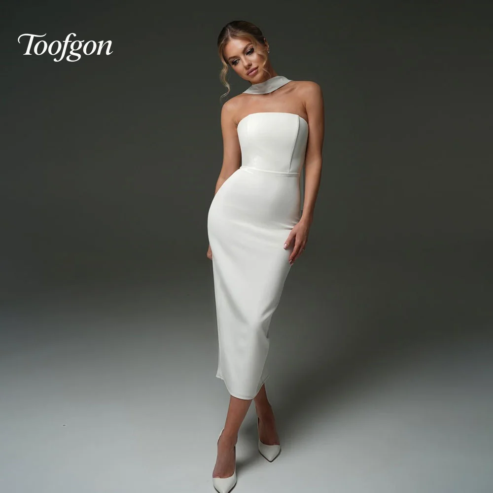 Toofgon Simple Strapless Mermaid Wedding Dresses Customized Elastic Satin Mid Bride Gown Shawl Backless Wedding Party Dress