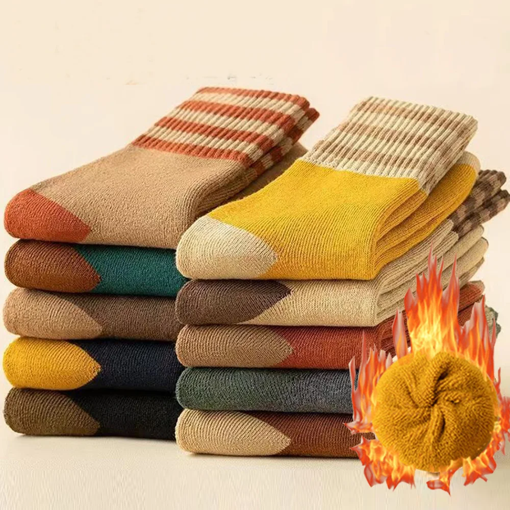 

10-парные модные теплые носки в полоску, женские кашемировые толстые зимние махровые носки с кондиционером, женские мягкие удобные носки