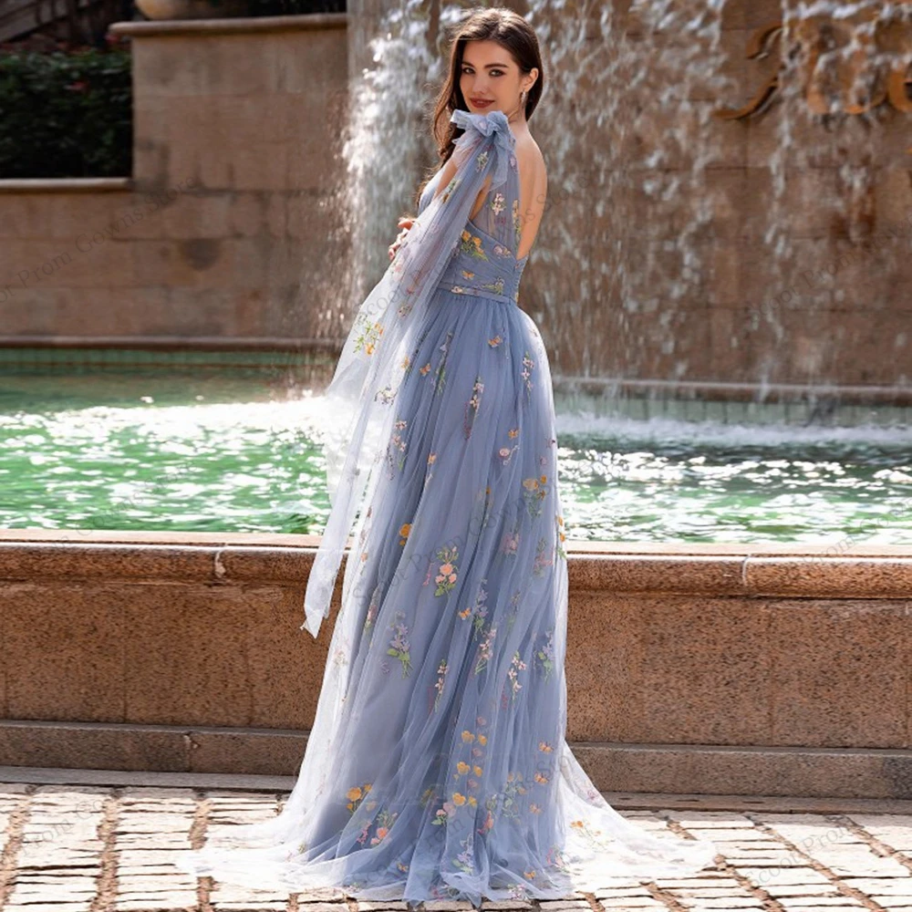 Blue Soft Tulle Evening Dresses for Women 2025 Customized One Sleeve Prom Gowns with Applique New Soft Tulle Robe De Soirée