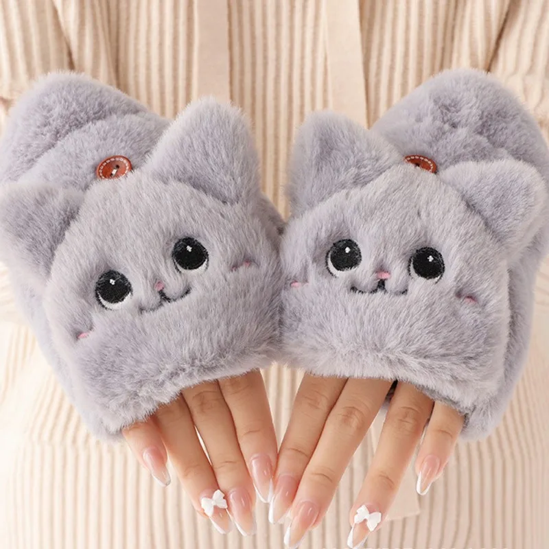 Plush Cat Half Finger Gloves Autumn Winter Women Girls Thick Warm Flip Fingerless Gloves Cartoon Soft Casual Gloves Lovely Gifts