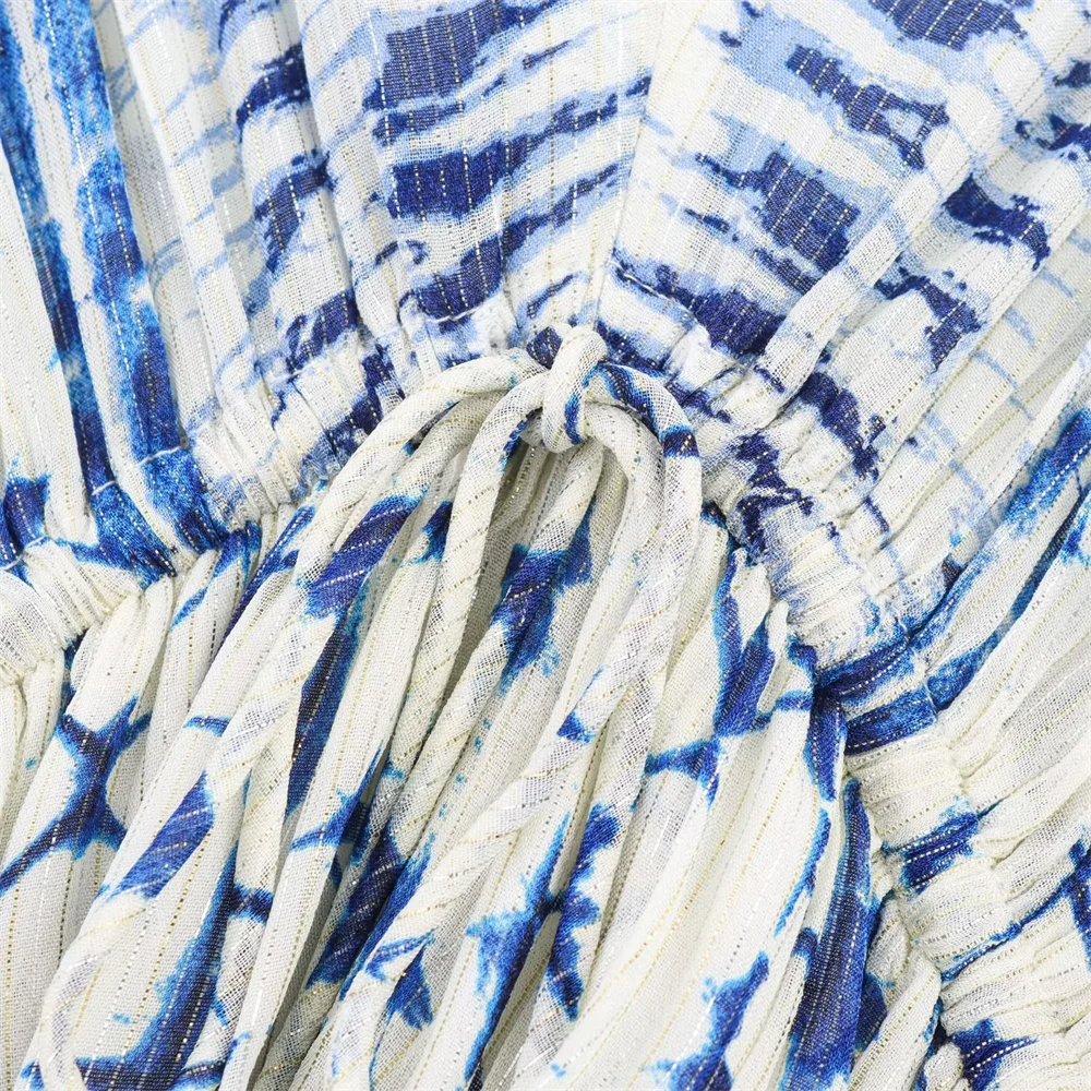 BM & MD & ZA2025 خط ذهبي مطبوع على شكل حرف v وأكمام طويلة فستان فضفاض غير رسمي متعدد الاستخدامات تنورة قصيرة ملابس نسائية صيفية جديدة #5