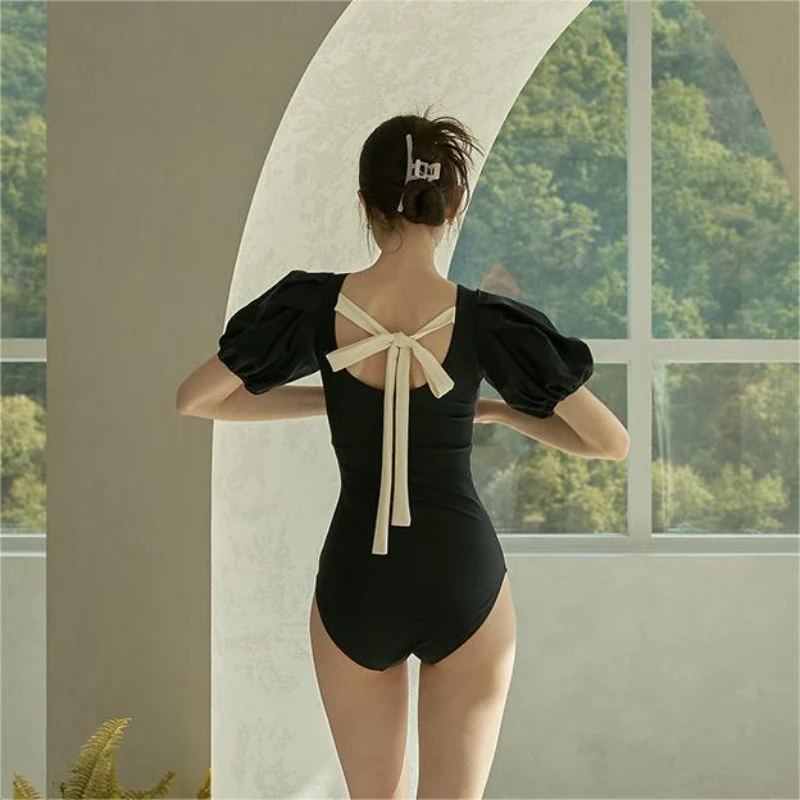 Sexy Short Sleeves One Piece Swimsuit Women Bow Strappy Swimwear Thong Monokini Backless Bathing Suit 2025 Mujer Bikini Black