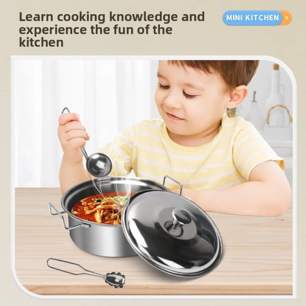 Juego de cocina de simulación de acero inoxidable, Mini con tapa, juguetes de cocina para niños, utensilios de cocina interactivos de acero inoxidable simulado